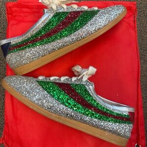 Gucci Silver Glitter Bee Low Top  Sneakers with Green and Red Stripes